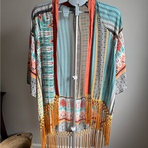 Flying Tomato Coral and Aqua Patterned Kimono